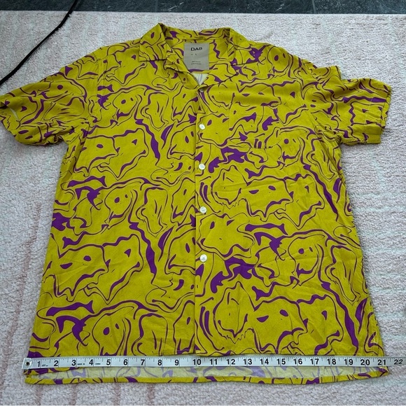 OAS Viscose Button Up Shirt Ochre Purple Smiley Face Men's Shirt Size Large - Picture 7 of 10
